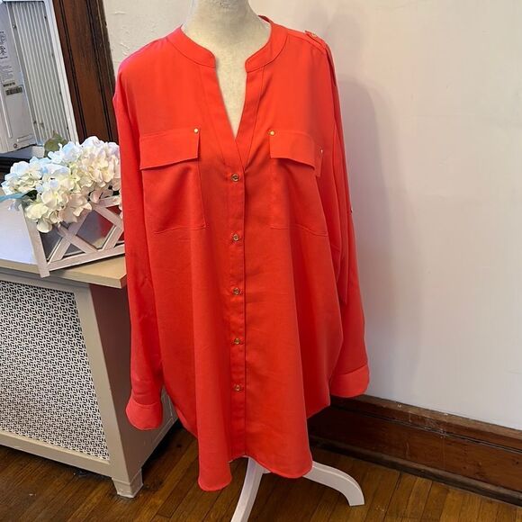 Calvin Klein Tops - Calvin Klein watermelon long rollable sleeve henley blouse Size 2X New